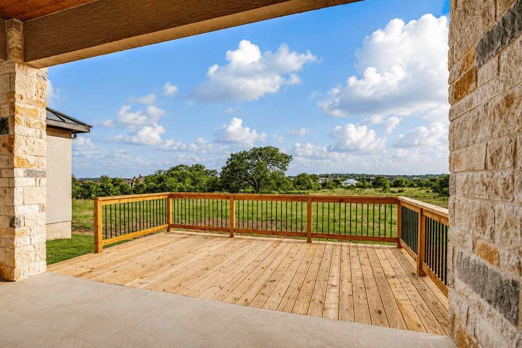 Hill Country view from the wood deck of the 1195 Via Principale custom home